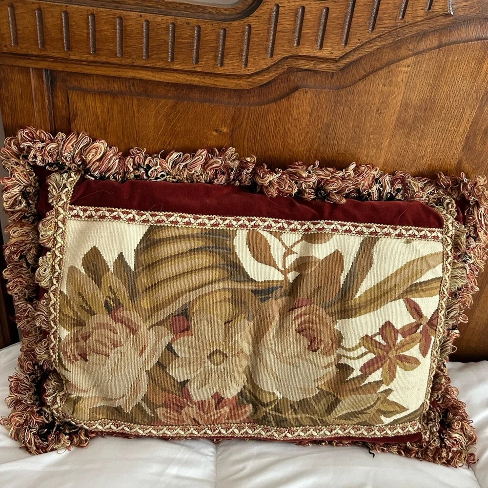 Decorative Floral Tapestry Accent Pillow in Gold, burgundy and Cream